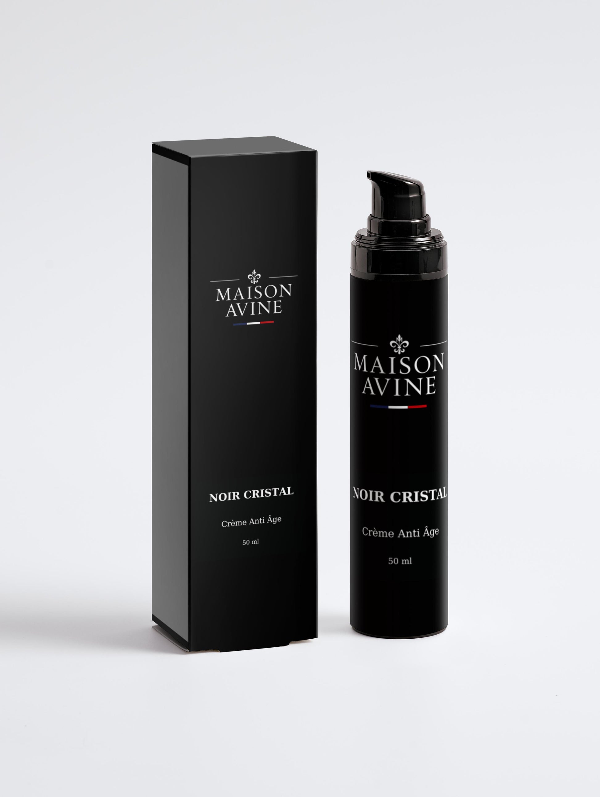 Maison Avine Noir Cristal skincare product packaging on a white background